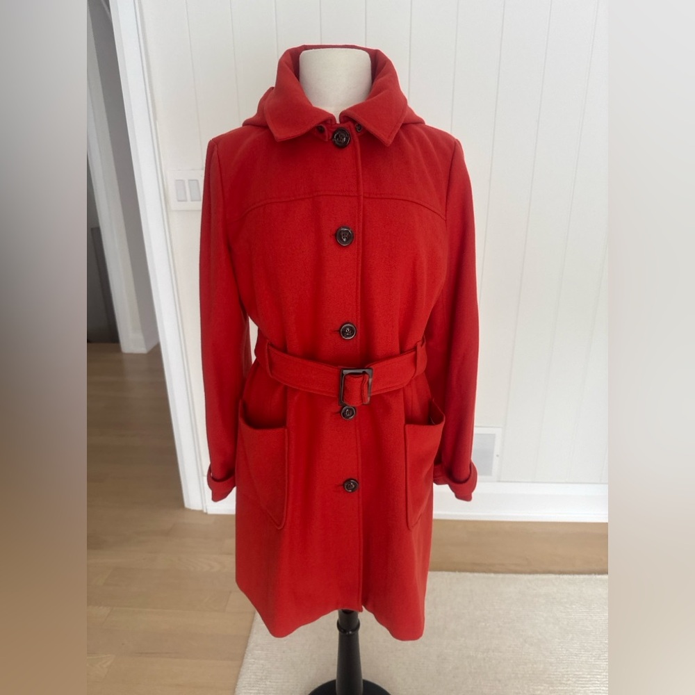 Banana Republic Orange Wool Blend Belted Coat Removable Hood L